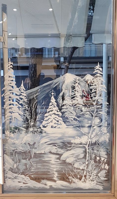 Nativity Scene Window Painting, Window Snow Art, Fake Snow Window Ideas, Winter Window Painting Ideas, Window Art Christmas, Window Painting Ideas, Christmas Salon, Snow Window, Diy Christmas Window