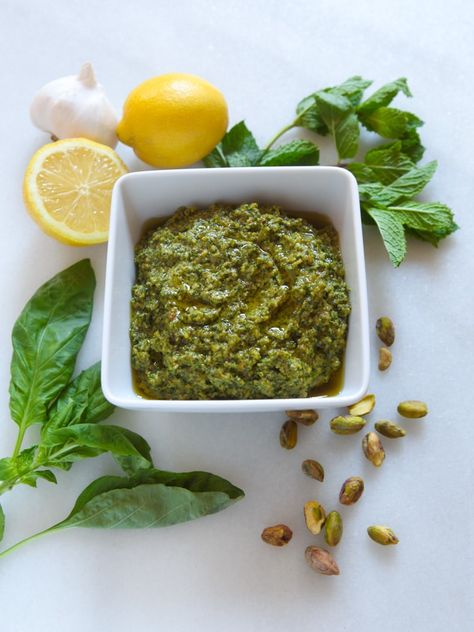 Pistachio Mint Pesto - Flavorful fresh herb sauce with mint, roasted garlic, basil, lemon & parmesan via @toriavey Basic Pesto Recipe, Herb Pesto, Mint Pesto, Pistachio Pesto, Herb Sauce, Lemon Basil, Delicious Gluten Free Recipes, Kosher Recipes, Pesto Recipe