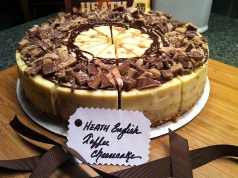 Decadent and delicious, this recipe comes from a Herberger's cookbook. My favorite homemade cheesecake. Heath Bar Cheesecake Recipe, Heath Bar Pie, Heath Bar Cheesecake, Heath Candy Bar, Toffee Cheesecake, Heath Bar, Coffee Cheesecake, Heath Bars, Homemade Cheesecake