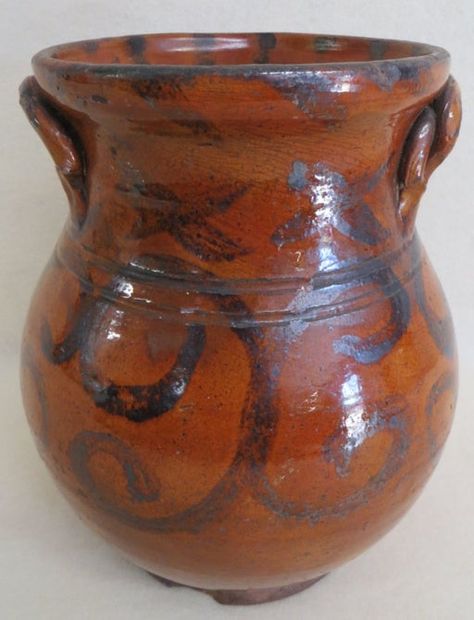 Rare redware ovoid pot with rope twist handles and unusual manganese decorations on all sides including interior of f... on Jun 01, 2013 Old Crocks, Vintage Ironstone, Paris Porcelain, Stoneware Crocks, Bean Pot, Pottery Collection, Antique Stoneware, Antique Pottery, Rope Twist