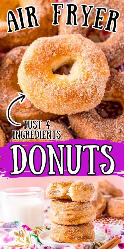 These Air Fryer Donuts are super easy donuts that are ready in just 20 minutes using canned biscuits and then dipped in cinnamon-sugar or topped with a classic sweet glaze! via @sugarandsoulco Air Fryer Mini Donut Recipes, Air Fry Donuts From Biscuits, Air Fryer Donuts With Biscuits, Airfryer Donut Recipes, Air Fryer Donuts Biscuits, Air Fryer Donut Recipes, Dipped Wafers, Air Fryer Doughnut Recipe, Air Fry Donuts