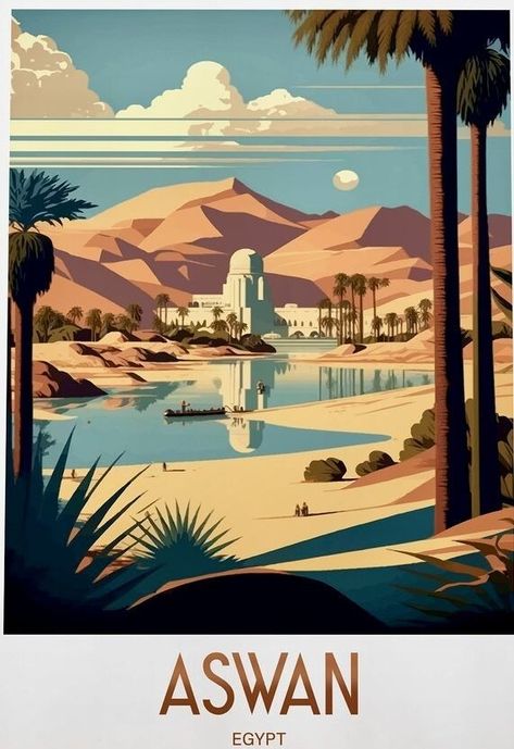 Aswan Egypt, Realistic Cartoons, City Cartoon, Art Deco Buildings, Egypt Art, City Illustration, Arabic Art, Travel Wall Art, Vintage Poster Art