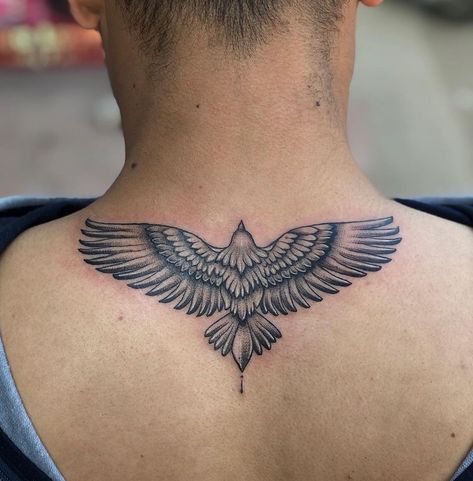 Eagle Tattoo On Neck, 2024 Tattoo Ideas Men, Eagle Hand Tattoo, Bird Neck Tattoo, Between Shoulder Blade Tattoo, Upper Back Tattoo Men Ideas, Road Tattoo, Front Forearm Tattoo, Eagle Back Tattoo