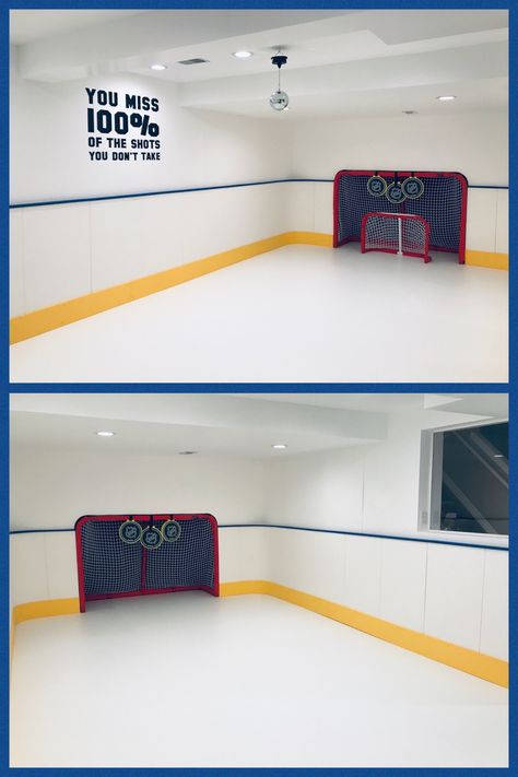 Our indoor/basement hockey rink! Hockey Basement Ideas, Basement Hockey Rink Ideas, Hockey Basement Man Caves, Basement Hockey, Indoor Hockey Rink In House, Basement Hockey Rink, Garage Hockey Rink, Hockey Basement, Outdoor Hockey Rink