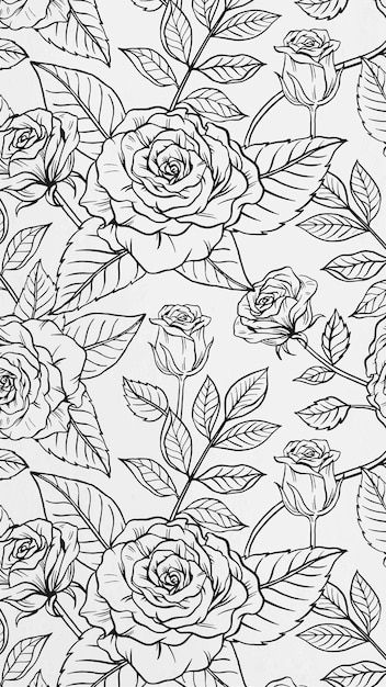 Free vector black botanical phone wallpa... | Free Vector #Freepik #freevector #rose-pattern #nature-pattern #floral-illustration #leaf-pattern Botanical Phone Wallpaper, Flower Pattern Background, Vintage Flower Backgrounds, Rosas Vector, White Background Hd, Disney Pop Art, Line Art Flowers, Rosé Black And White, Png Stickers