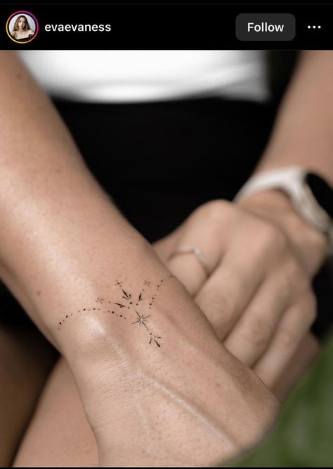 Bracelet Tattoo Women, Wrist Tattoos For Women Cross, Under The Elbow Tattoo, Dainty Arm Sleeve Tattoo, Delicate Star Tattoo, Ornamental Hand Tattoos For Women, Star Filler Tattoos, Fine Line Tattoo Ideas Stars, Top Of Wrist Tattoos For Women