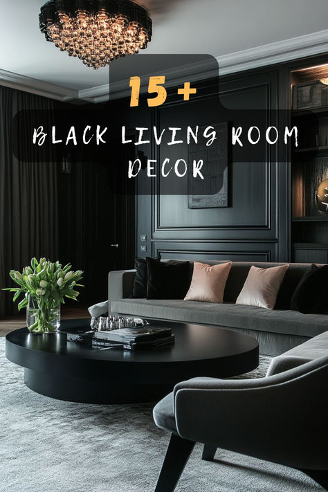 Transform your living space! Click to explore 15 bold black decor ideas that add elegance and depth to your living room. 🖤🛋️ #BlackDecor #LivingRoomStyle #BoldInteriors #HomeDesign #ElegantSpaces Black Glam Living Room Ideas, Black Lounge Styling Living Rooms, Black And Gray Living Room Decor, Black Glam Living Room, Black Living Room Aesthetic, Black Living Room Decor Ideas, Black Living Rooms, Black Decor Ideas, Black Living Room Ideas