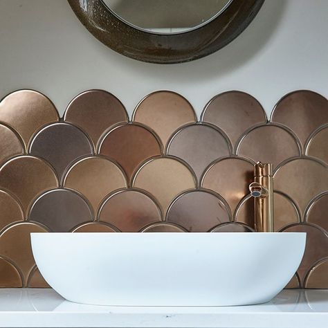 fish scale tile design with irregular edge Wash Basin Design Modern, Basin Design Modern, Fish Scale Tile Bathroom, Modern Wash Basin, Wash Basin Design, Rustic Powder Room, Scale Tile, Fish Scale Tile, Tiles Ideas