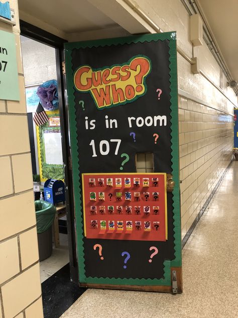 Guess Who Door Decorations, Guess Who Teacher Bulletin Board, Game On Door Decorations, Board Game Classroom Door, Guess Who Is Reading Bulletin Board, Guess Who Bulletin Board, Board Game Themes, Elementary Bulletin Boards, Interactive Bulletin Boards