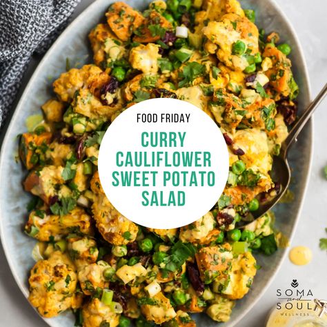 Cauliflower Sweet Potato Curry, Curried Cauliflower And Sweet Potato Bowls, Curry Cauliflower Salad, Curried Cauliflower Salad, Cauliflower Sweet Potato Recipes, Diced Sweet Potato Recipes, Mediterranean Sweet Potatoes, Cauliflower Sweet Potato, Metabolic Recipes