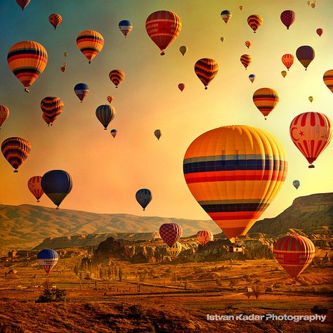 Hot air ballooning in the golden light of sunrise, above the Cappadocian landscape - Turkey Air Balloon Festival, Hot Air Balloon Festival, Kusadasi, Hot Air Balloon Rides, Land Of Enchantment, Air Balloon Rides, Arizona Travel, Hot Air Balloons, Air Balloons