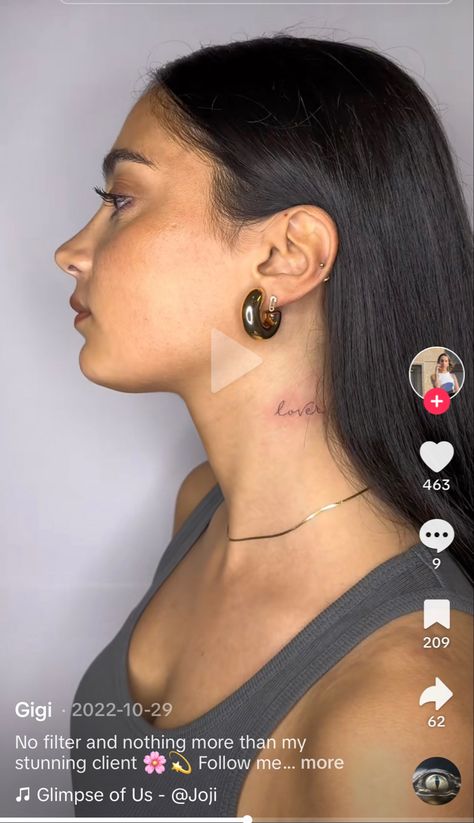 Lucky Neck Tattoo, Lucky Behind Ear Tattoo, Fine Line Back Of Neck Tattoo, Sofia Richie Tattoo Neck, Delicate Neck Tattoo, Hailey Neck Tattoo, Fine Line Neck Tattoo, Women’s Word Neck Tattoo, Handwriting Tattoos