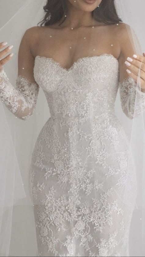 Lace Sparkly Wedding Dress, Wedding Dress Beaded Sleeves, Detachable Lace Sleeves Wedding Dress, Bodycon Wedding Dresses, Lace And Beaded Wedding Dress, Lace Romantic Wedding Dress, Off The Shoulder Lace Wedding Dress, Simple White Dress Wedding, Fitted Wedding Dress With Sleeves