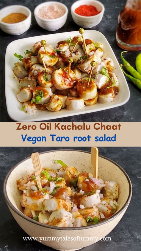 Zero oil Kachalu chaat | Vegan Taro root salad is a delicious street food recipe that is gluten-free, made of boiled taro root and few other basic ingredients and spices. Healthy Evening Snacks Indian, Taro Root Recipes, Evening Snacks Indian, Taro Recipes, Root Salad, Healthy Evening Snacks, Street Food Recipe, Taro Root, Indian Side Dishes