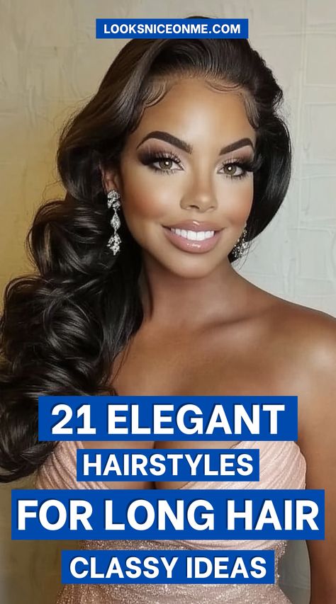 Flowing waves, polished ponytails, and intricate braids—these elegant hairstyles for long hair are perfect for any refined look. Achieve effortless glamour with these stunning ideas! #GlamHairstyles #LongHairInspo #ElegantVibes 40 Year Old Hairstyles Long Hair, Hairstyles For Long Hair Classy, Elegant Hairstyles For Long Hair, Low Updo, Elegant Hairstyle, Mermaid Braid, Glam Waves, Intricate Braids, Sophisticated Hairstyles