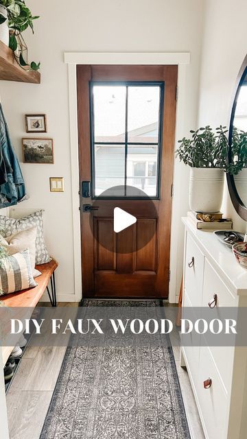 Bailey Powell on Instagram: "Comment “supplies” and I’ll send you the Amazon link to shop for everything you need to complete this project! So easy! 🇨🇦🇺🇸

Here’s the tutorial lots have been asking for! This is such a doable project with a big impact. To summarize:

1. I cleaned the door really well with a prepaint cleaner.
2. I did two coats with the wood fibre paint. I did it all with a brush and tried to create “wood grain” with my brush strokes. 
3. I heavily applied GEL stain with a rag then used a chip brush to spread it evenly and again give the appearance of wood grain. 
4. After a looong time drying (a few days), I applied two coats of triple thick poly topcoat. 
5. I replaced the hardware and added the faux window mullions. 

Let me know if you have any questions in the commen Gel Stain Door To Look Like Wood, Gel Stain On Front Door, Gel Stain On Metal Front Door, Faux Wood Door Paint, Paint Front Door Diy, Faux Wood Door, Wood Door Paint, Window Mullions, Faux Wood Paint