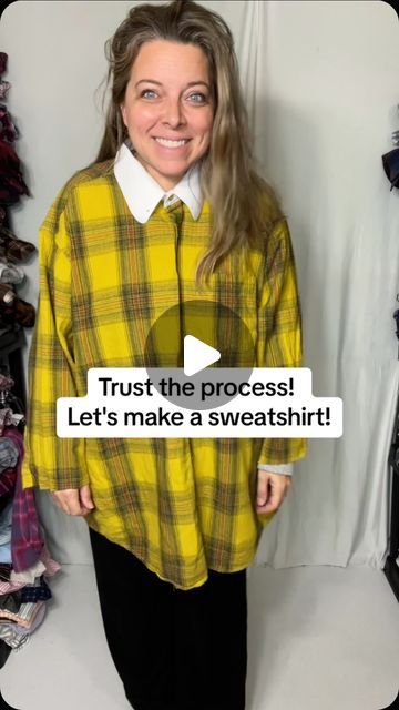 Madi Mac Fashions on Instagram: "Trust the process of me taking this flannel and a cropped tshirt and turning them into an amazing sweatshirt!! What do you guys think?! #sweatshirt #tshirts #upcycledfashion #sewing" What To Sew With Flannel, Upcycle Winter Clothes, Sweatshirt Flannel Upcycle, Upcycle Flannel Shirt Diy, Upcycled Clothes Ideas, Sweatshirt Makeover Diy, Upcycle Flannel Shirt, Sweatshirt Upcycle Diy, Diy Sweatshirt Ideas