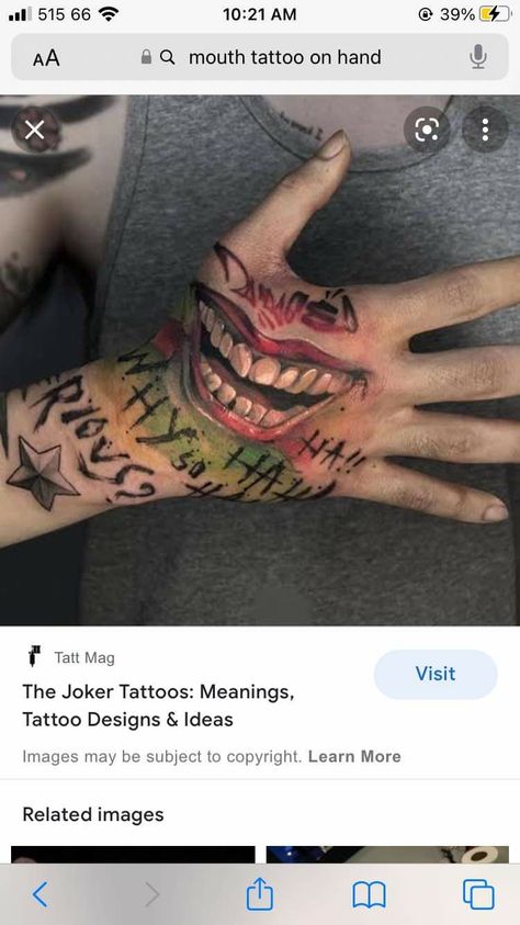 Mouth Tattoo On Hand, Joker Mouth Tattoo, Mouth Hand Tattoo, Joker Mouth, Mouth Tattoo, Lioness Tattoo, Tattoo On Hand, Joker Tattoo, Hand Tattoo