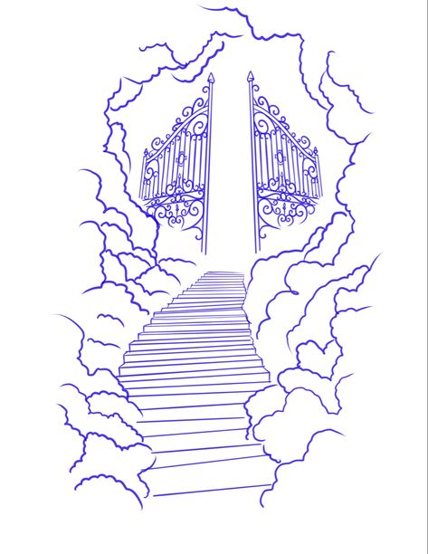 Dove And Stairs Tattoo Design, Latin Sleeve Tattoo, Walking Into Heaven Tattoo, Clouds Around Name Tattoo, Stair Way To Heaven Tattoo Design, Black And Grey Tattoo Stencil, Filler Tattoo Ideas Gap Men Clouds, Gates Of Heaven Tattoo Design, Staircase To Heaven Tattoo Design