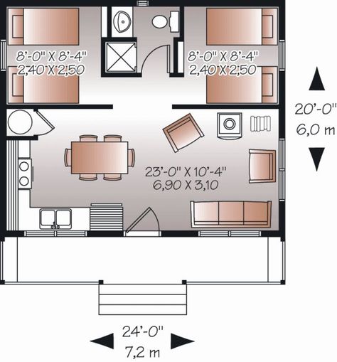 hmmm I think I would replace one bedroom with a great front porch..... Screened in maybe..... 2 Bedroom Tiny House Plans, 2 Bedroom Tiny House, Two Bedroom Tiny House, Bedroom Tiny House, House Plan With Loft, Drummond House Plans, Two Bedroom House, 2 Bedroom House Plans, Cabin Floor