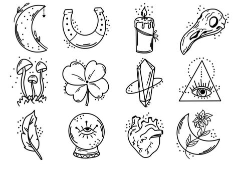 Set of mystical signs. Magic set. Illustration for astrology, tattoos, tarot. Fortune telling. Fortune Cookie Illustration, Tattoos Tarot, Astrology Clipart, Fortune Tattoo, Rewind Time, Astrology Tattoo, Horror Drawing, Card Tattoo, Fortune Telling