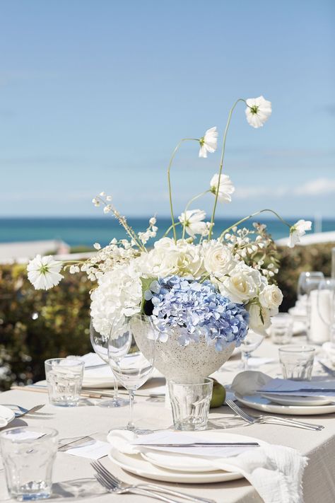 Blue Hydrangea Centerpieces, Green And White Florals, Flower Centrepieces, Blue Hydrangea Wedding, Blue Green Wedding, Brooke Hogan, Steven Khalil, Lost In Love, Blue White Weddings