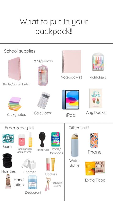 School Bag Organization, High School Essentials, Middle School Essentials, School Emergency Kit, School Backpack Essentials, Preppy School Supplies, School Routine For Teens, Pretty School Supplies, School Preparation