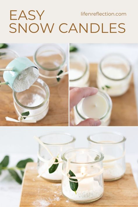 These snow candles are the simplest winter party decoration ever! So, even if you’ve never crafted before, you’ll be able to make these. Oui Yogurt, Yogurt Jars, Snow Candles, Easy Winter Crafts, Diy Candles Easy, Winter Party Decorations, Winter Diy Crafts, Christmas Scented Candles, Creative Candles