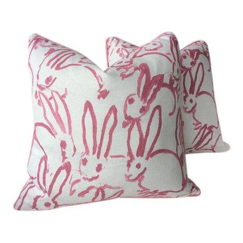 Bunny Hutch, Hunt Slonem, Bunny Pillow, Printed Linen Fabric, Suede Pillows, Blue Bunny, Feather Pillows, Lee Jofa, Needlepoint Pillows