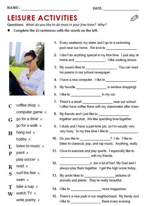 Leisure Activities - All Things Topics English Conversation Worksheets, Speaking Activities English, English Conversation Learning, Vocabulary Exercises, Reading Comprehension Lessons, English Teaching Materials, English Exercises, English Conversation, English Learning Spoken