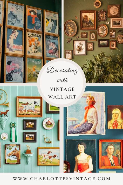 This post will dispel your doubts regarding creating a beautiful vintage wall display and make you feel more confident in being your own home decor expert.   Art Nouveau posters, vintage themed gallery wall, vintage painting decor, vintage painting gallery wall, antique gallery wall ideas. Green Wall Gallery, Vintage Wall Art Ideas, Gallery Wall Antique, Antique Gallery Wall, Themed Gallery Wall, Gallery Wall Vintage, Painting Gallery Wall, Art Nouveau Posters, Wall Decor Antique