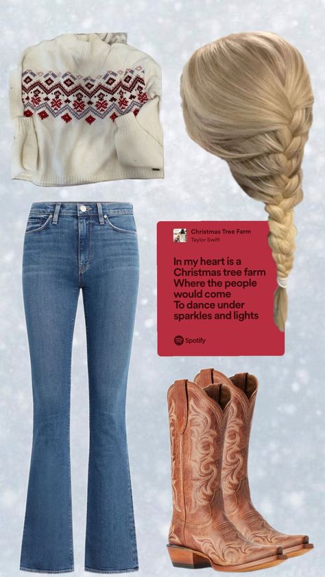 #christmas #outfit #taylorswiftaesthetic #taylorsversion #christmastreefarm #western Country Outfits Bell Bottoms, Christmas Outfit Western, Western Christmas Aesthetic, Western Christmas Outfits Women, Christmas Western Outfit, Cowboy Christmas Outfit, Country Christmas Outfits, Outfit With Cowgirl Boots, Western Christmas Outfits