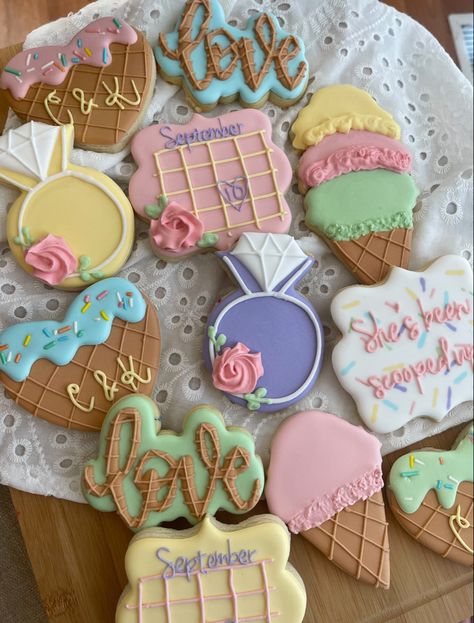 She’s Been Scooped Up Cookies, Scooped Up Bridal Shower Centerpieces, She's Been Scooped Up Bridal Shower Decorations, Ice Cream Bridal Shower Ideas Sundae Bar, Ice Cream Bridal Shower Cookies, Scooped Up Bridal Shower Cookies, Scooped Up Bachelorette, Bridal Shower Ideas Ice Cream, Bridal Shower Ice Cream Bar