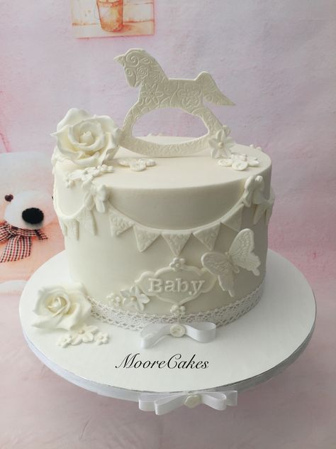 Rocking horse baby shower cake White Baby Shower Cake, Rocking Horse Cake, Horse Baby Shower, Elephant Baby Shower Cake, Wedding Shower Cakes, Nautical Cake, Baby Shower Cakes For Boys, Horse Cake, White Baby Showers