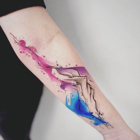 Rainbow Mountain Tattoo, Mountain Watercolor Tattoo, Horizontal Mountain Tattoo, Color Mountain Tattoo, Colorful Mountain Tattoo, Colourful Tattoo Ideas, Watercolor Tattoo Mountain, Watercolor Tattoos For Women, Mountain Tattoo Ideas