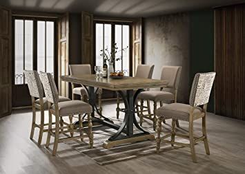 Roundhill Furniture Birmingham 7-Piece Table with Nail Head Chairs Counter Height Dining Set, Driftwood Extra Long Dining Table, Driftwood Finish, Counter Height Dining Table, Curved Wood, 7 Piece Dining Set, Printed Chair, Counter Height Table, Counter Height Dining Sets, Nail Head