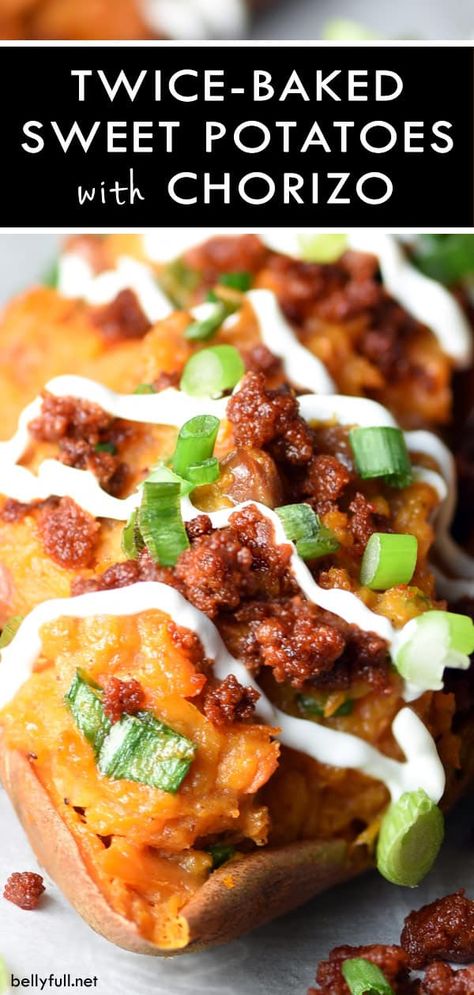 These Twice Baked Sweet Potatoes with Chorizo are sweet potatoes taken to level 10 with baked beans and crispy spicy pork. Crazy good! #sweetpotatoes #twicebakedsweetpotatoes #chorizo #recipe #mexicansweetpotatoes Mexican Sweet Potatoes, Chorizo Recipe, Twice Baked Sweet Potatoes, Baked Sweet Potatoes, Chorizo Recipes, Potatoes Recipes, Twice Baked, Spicy Pork, Baked Sweet Potato