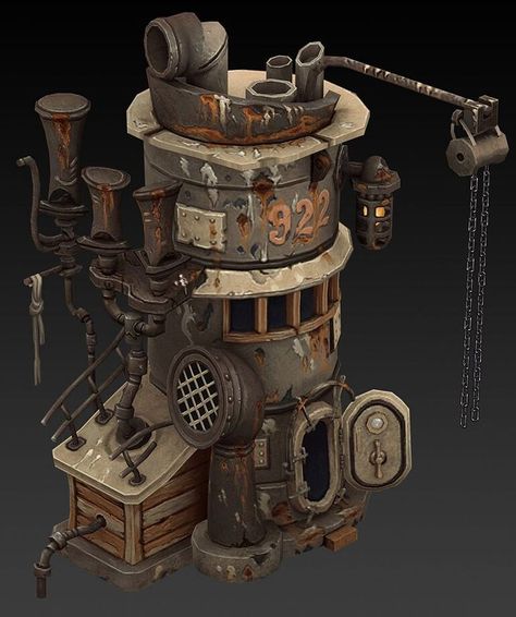 Steampunk Environment Concept Art, Steampunk Machine Concept Art, Steampunk Building Concept Art, Steam Punk House, Steampunk Concept Art, Steampunk Environment, Steampunk Lab, Steampunk Factory, Steampunk Props