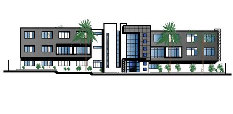 An elevation view of 50x30m hostel building is given in this Autocad drawing file. This is G+2 hostel building. Interior Architecture Sketch, Exterior Sketch, Reception Waiting, Hostels Design, Architecture Design Process, Architecture Drawing Plan, Little House Plans, Interior Design Renderings, Interior Architecture Drawing