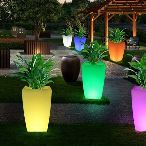 Light Up Planters, Garden Planters With Lights, Illuminated Planters, Garden Potting Table, Flower Pot Diy, Roof Top Bar, Lighting Your Garden, Open Terrace, Fun Planters