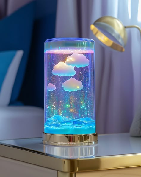 Cloud Machine ☁️🩵 #Cloud #Clouds #IridescentArt #Iridescent #IridescentAIArt Cute Bedroom Lamp, Things To Buy For Birthday, Things To Put In Your Room, Holographic Room, Cute Things For Your Room, Star Lamps, Pinterest Room Ideas, Aesthetic Decoration Ideas, Stuff For Your Room