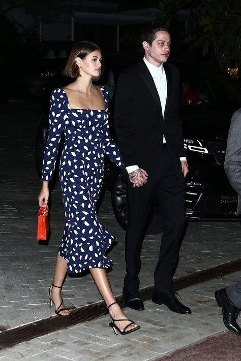 Kaia Gerber Wears a Reformation Dress to a Miami Wedding Irina Shayk Dress, Modest Neckline, Pete Davidson, Lacey Dress, Spotted Dress, Shirred Dress, Reformation Dress, Kaia Gerber, Celebrity Street Style