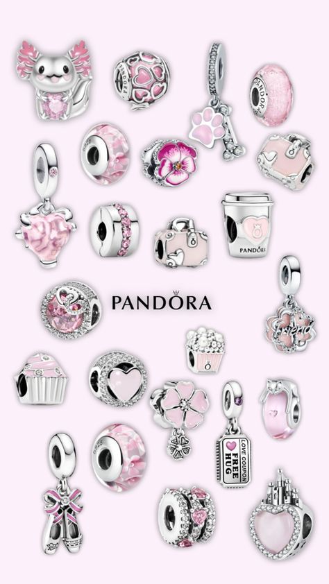 Pink Pandora charms 💗💕💞💓💖💐🌸🌷#pink #pinkaesthetic #pinkcore #pandora #pandoracharm #pandoracharms #jewelry #charms #aesthetic #style #silver Pink Pandora Charms, Pandora Charms Pink, Charms Aesthetic, Pandora Bracelet Charms Ideas, Pandora Bracelet Designs, Pandora Jewelry Charms, Pandora Pink, Pink Charm, Pandora Beads