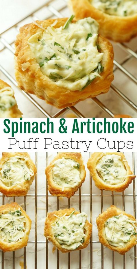 Spinach and Artichoke Puff Pastry Cups - Old House to New Home Artichoke Puff Pastry, Puff Pastry Cups, Pastry Cups, Spinach Puff Pastry, Pastry Appetizer, Holiday Appetizers Recipes, Holiday Appetizer, Puff Pastry Recipes, Think Food