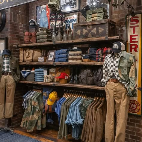 Nothing quite like Double RL exclusively available at #thesportinglodge #ralphlauren #rrl #doublerl #ralphlauren #rrlbyralphlauren #americanvintage Rrl Store, Double Rl, Outdoor Store, Store Interior, Hardware Store, Walk In Closet, Ralph Lauren Men, Antique Style, Display Stand