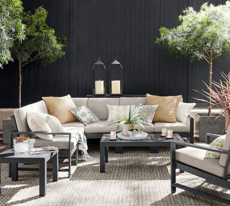 Pottery Barn Outdoor, Grey Outdoor Furniture, Metal Lounge Chairs, Metal Outdoor Furniture, Patio Inspiration, Outdoor Living Room, Patio Cushions, Outdoor Patio Decor, Outdoor Dining Table