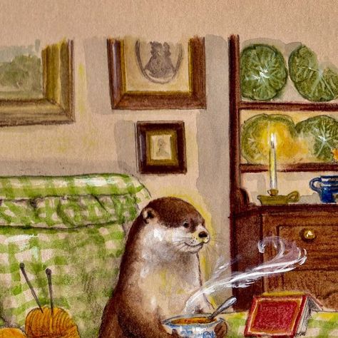 Emily Duffin Country Illustration on Instagram: "The Cosy Checklist : Soup, socks, knitting, a good book & a cosy spot 🧡 (clever little otter knitted her own socks 🧦) Have an ‘otterly’ wonderful weekend! 

Artwork ©️EmilyDuffin2025 

.
.
.
.
#fairycore #cottagecore #huggehome #otter #otters #otterlife #otterlove #beatrixpotter #beatrixpotterworld #peterrabbit #mrstiggywinkle #watercolourart #watercolourillustration #whimsicalillustration #vintageillustration #whimsical #watercolours #illo #childhoodunplugged #illustrationart #childrensbookillustration #fallvibes #autumnvibes #autumn #fall #october #cosy #cosyhome" Cozy Animals, Country Illustration, Fall Illustration, The Burrow, Storybook Art, Animals Illustration, Socks Knitting, Art Hobbies, Animal Drawing