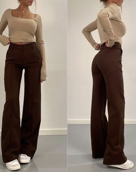 Cafe Work Outfit, Skirt Outfits For Petite Women, Winter Outfits Brown Pants, Brown Pants Winter Outfit, Medium Size Outfits Woman, Brown Pant Outfits For Women, Outfit Con Pantalon Cafe, Winter Sixth Form Outfits, Brown Pants Outfit Winter