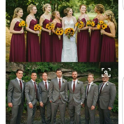 Sunflower theme wedding - Grey and maroon Red Yellow Wedding Theme, Fall Wedding Sunflowers Burgundy, Red And Yellow Wedding Decorations, Sunflower And Rose Wedding Theme, Maroon And Yellow Wedding, Rose And Sunflower Wedding Theme, Burgundy And Sunflower Wedding, Fall Sunflower Weddings, Sunflower Wedding Bouquet