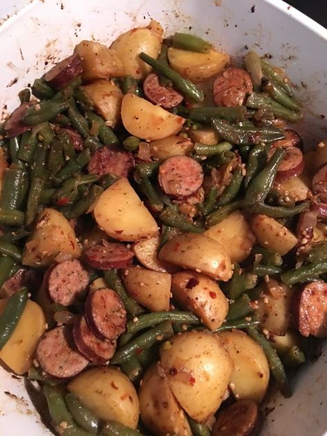 SAUSAGE GREEN BEAN POTATO CASSEROLE - Delish Grandma's Recipes Sausage Green Bean Potato Casserole, Green Bean Potato Casserole, Ineskohl Kitchen, Beans And Potatoes, Casserole Keto, Recipes Sides, Keto Sausage, Grandma's Recipes, Casserole Easy